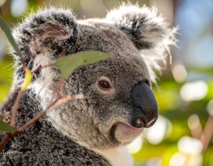 Obraz premium Curious Koala Face Close-Up with Eucalyptus