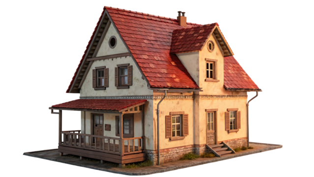 Quaint European-Style Cottage with Red Tile Roof, Isolated on Black Background.