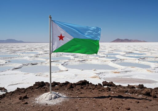 Waving Djiboutian Flag Symbolizing Afar and Issa Unity Over the Stark Salt Pans of Lake Assal