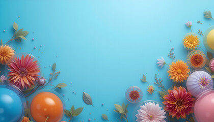 Vibrant Floral Arrangement with Transparent Spheres on a Blue Background