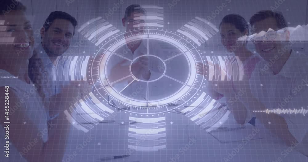 Aufkleber business team collaborating around meeting table, showing circular chart and bar graph hud overlay