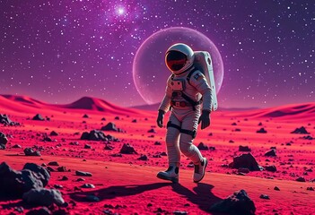 Obraz premium Astronaut in futuristic suit walks on vibrant, alien landscape against starry backdrop, boots, illustration