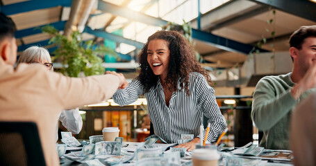 Boardroom, group and fist bump for celebration, creative and happiness for financial growth and...