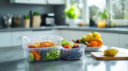 A plastic lunchbox with multiple compartments, filled with healthy snacks, placed on a kitchen counter.