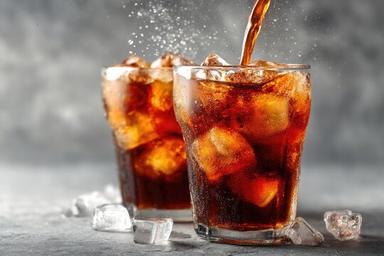 Pouring cola into chilled glasses with ice cubes splashing over, ideal for showcasing soft drinks in ads, packaging, menu boards, or digital content