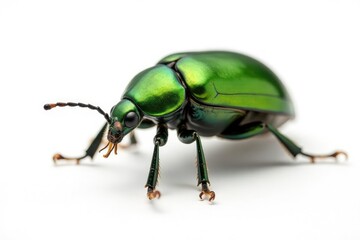 Green beetle isolated on bright white backdrop, wings, beetle