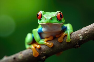 Naklejka premium Green tree frog perched on white, vibrant details, green frog, wildlife, animal