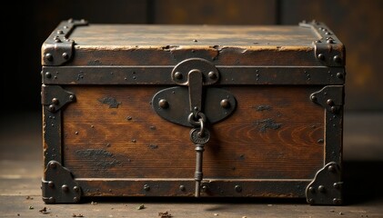 Antique wooden chest, weathered and worn, showing age and history Keys in lock , history, wooden, light