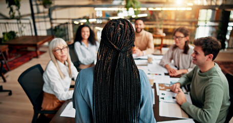 Brainstorming, speaker and woman in boardroom, teamwork and brand specialist with ideas for...