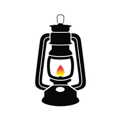 Lantern icon with a burning flame. Portable lantern. Retro vintage light holder. Hiking oil, kerosene lamp. Touristic mobile burning fire. Oil Lamp or Lantern Icon Flat Design. Lantern Vector icon.