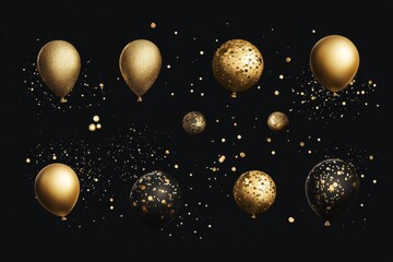 Gold and black balloons float amidst golden confetti