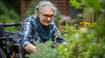 Elderly woman in wheelchair tending to her garden with flowers and greenery on a sunny day outside
