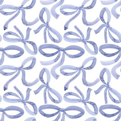 Seamless pattern Watercolor violet gift bow, ribbon drawings. Painted bowknot elements white background. Hand drawn illustration bowtie. Print, fabric, wrapping, wallpaper, greeting cards decoration
