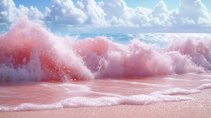 Fototapeta premium A bright pink wave splashes gently on a minimalist beach, symbolizing creativity, calm, and surreal beauty. A simple, vibrant coastal scene blending nature with playful artistic expression.