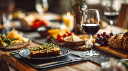 Fototapeta premium A beautifully set table with wine glasses, bread, cheese, and a savory dish with rosemary garnish