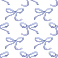 Seamless pattern Watercolor violet gift bow, ribbon drawings. Hand drawn illustration bowtie. Painted bowknot elements white background. For print, fabric, wrapping, wallpaper, greeting cards decor