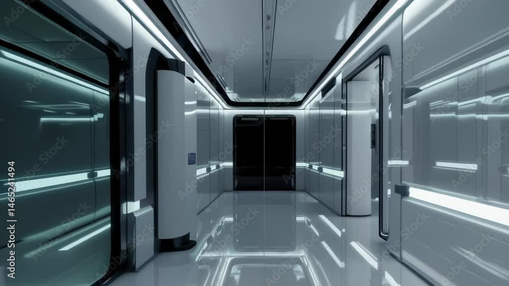 Poster futuristic interactive corridor with dynamic digital displays showcasing technological advancements