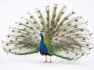 Fototapeta premium A vibrant peacock displays its iridescent tail feathers, showcasing a breathtaking array of colors and patterns against a stark white snowy background.