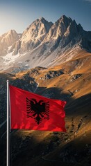 Waving Albanian Flag with Double-Headed Eagle Against the Dramatic Peaks of the Albanian Alps
