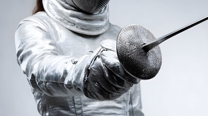 Close up of a fencer in full gear holding a foil with a mesh mask and protective suit in a studio setting