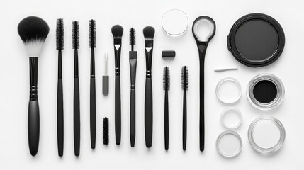 Flat lay of assorted blank cosmetic packaging and makeup tools with white background