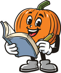 Cartoon pumpkin character holding a book