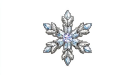 Detailed Six Pointed Snowflake with Light Blue and Silver Crystalline Structure on White Background