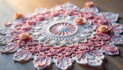 Obraz premium Intricate floral lace doily, delicate threads , light, shadow