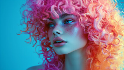 Detailed portrait of young sexy caucasian female with dyed multi-colored hair and bright makeup on vibrant blue wall. Modern teen expression, serene outlook, colorful hairstyle, fashion concept.