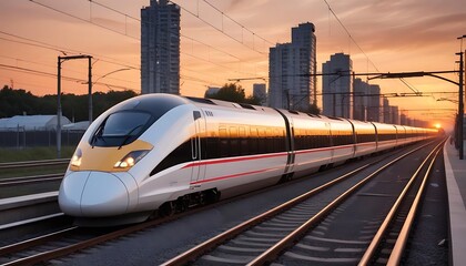 Fototapeta premium High-speed train travels along modern track at sunset in urban environment, created with generative ai