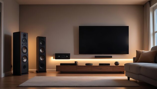 audio speaker setup in modern home entertainment room with ambient lighting, Immersive Home Theater Experience, created with generative ai