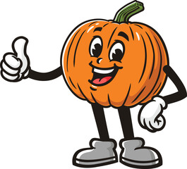 Cartoon pumpkin character with thumbs up pose