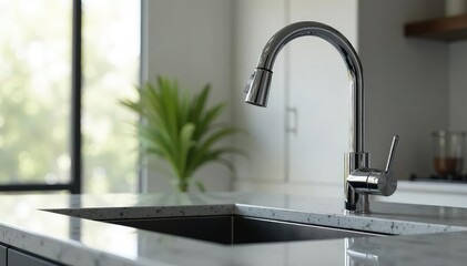 Modern kitchen faucet with sleek design and chrome finish, installed on a granite countertop , clean, metallic, sink