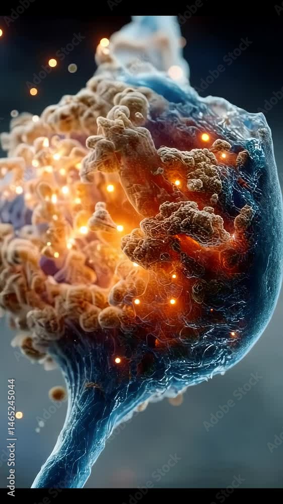 Poster close-up view of a glowing neuron with illuminated synapses, representing brain activity and neural 