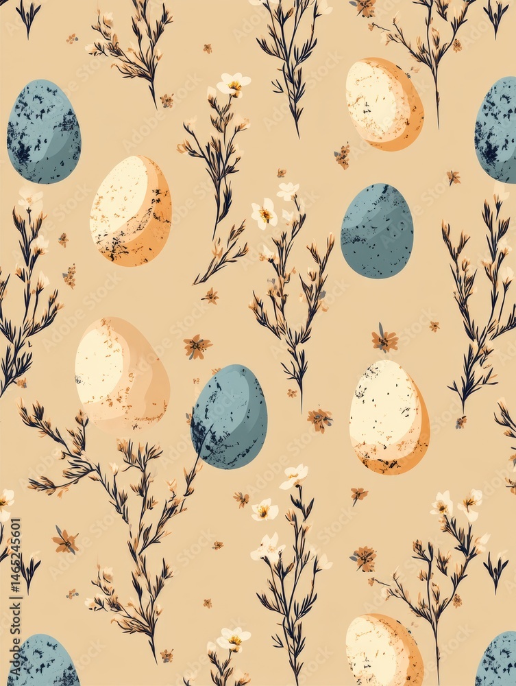 Poster colorful egg and flower pattern on a beige backdrop suitable for springtime designs or festive decor