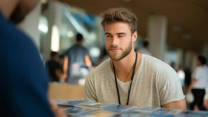 Sports card collector trading at a lively convention hall