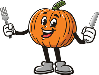 Cartoon pumpkin character holding fork and knife
