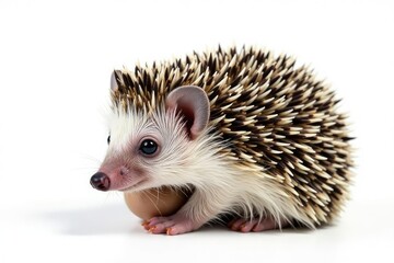 Naklejka premium Tiny hedgehog, curled in a ball, isolated on pure white background, illustration, background