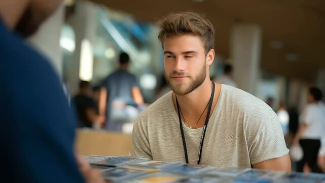 Sports card collector trading at a lively convention hall