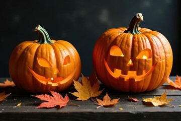 Obraz premium Spooky carved pumpkins on a rustic wooden table, autumn leaves scattered around , thanksgiving, halloween party