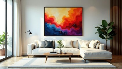Stylish modern living room with minimalist decor, featuring a comfortable sofa and abstract artwork , apartment, decoration, calm