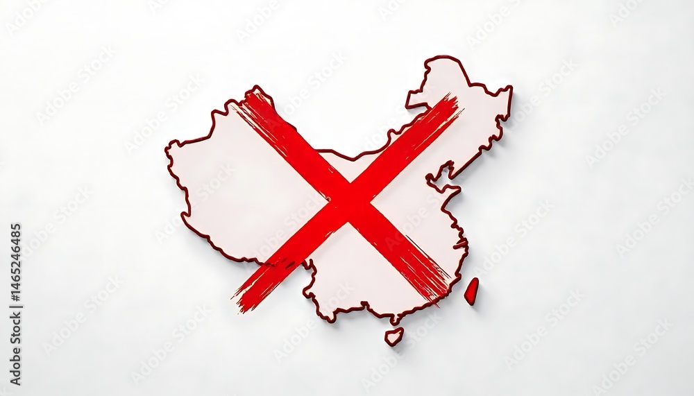 Fototapete outline of china in red, crossed out with a bold red x, grayscale background, minimal flat design st