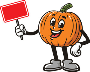 Cartoon pumpkin character holding a blank sign board