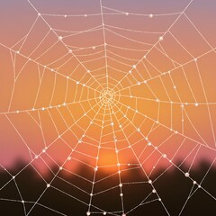 Dew-Covered Spiderweb at Sunset
