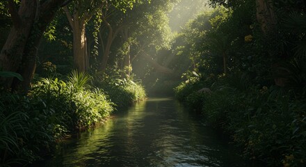 Obraz premium Serene River Flowing Through Lush Green Forest with Sun Rays