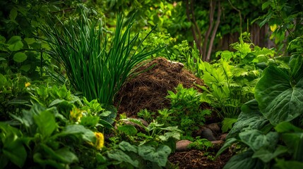 A lush garden scene featuring green plants and a small brown mound surrounded by vegetation cover