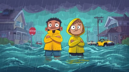 Children Standing in Floodwaters During a Severe Storm