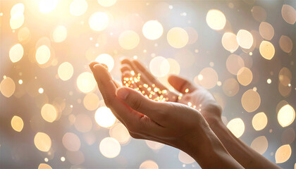 Hands catching bokeh lights