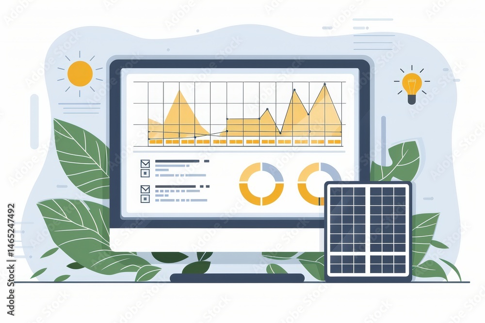 Poster digital dashboard with graphs and green leaves for analysis.