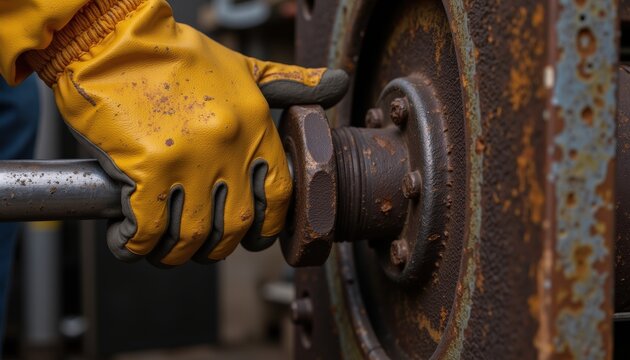 Hand in Yellow Glove Tightening Rusty Bolt on Industrial Machinery in Workshop